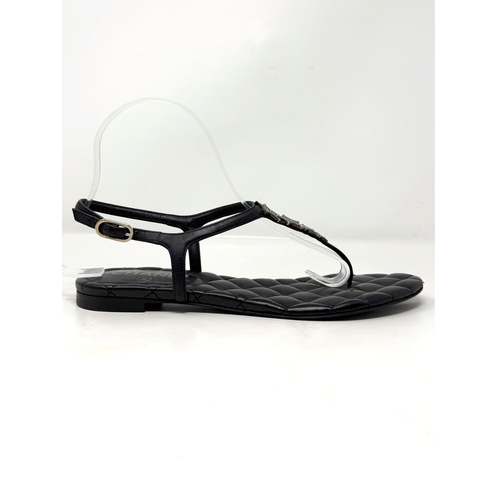 Chanel CC Star Charm Quilted Leather Flat Sandals Black 37.5 - Picture 4 of 9
